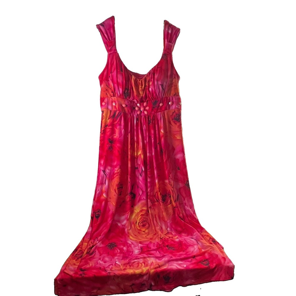 BISOU BISOU Michele Bohbot Pink/Orange Floral Satin Maxi Dress Scoop Neck 14